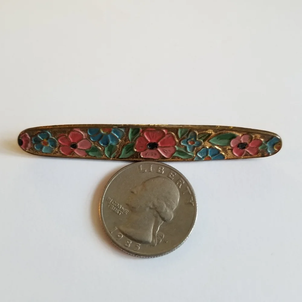 Vintage enamel flowers bar pin pink gold tone brooch floral